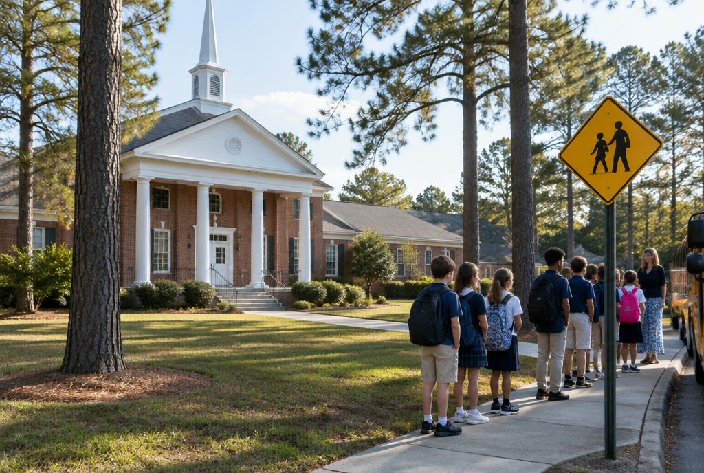 Elementary students walking beneath the covered walkway of a Jacksonville church school