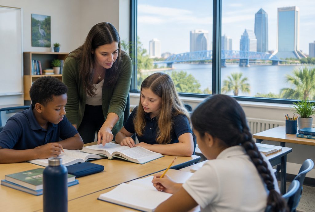 A teacher kneeling beside students at a small-group table in a Jacksonville private school classroom