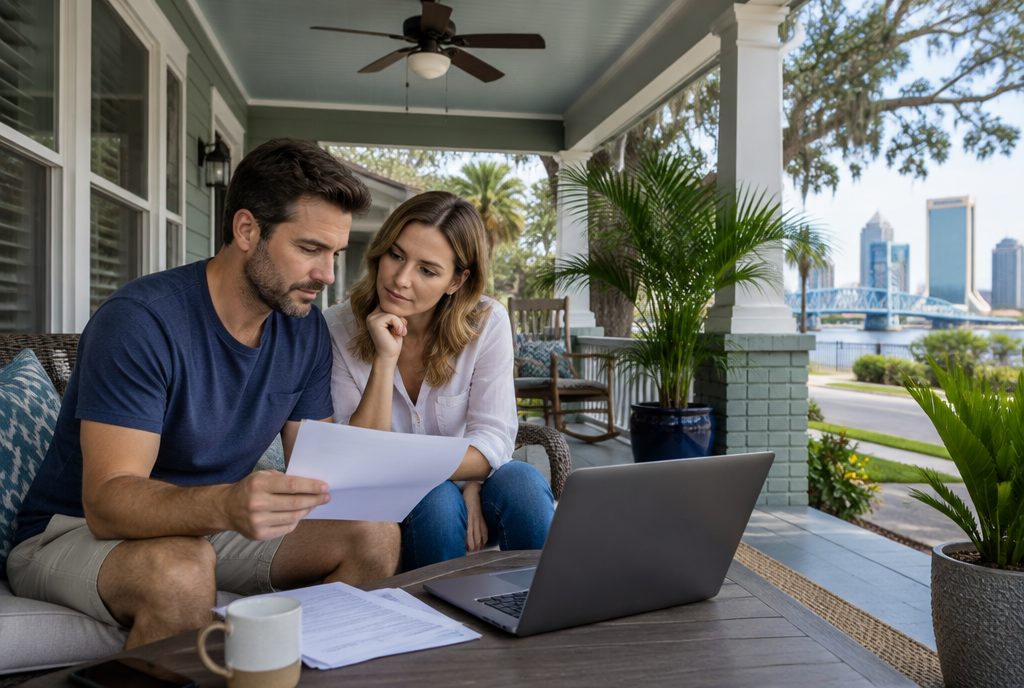 A Jacksonville couple at their kitchen table with a school tuition schedule and a scholarship award letter